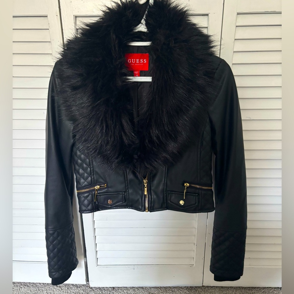 Guess Faux Fur Leather Black  Jacket. Size XS